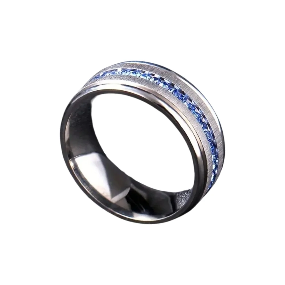 New Men's Stainless Steel Band Ring with Blue Cubic Zirconia Row Size 11